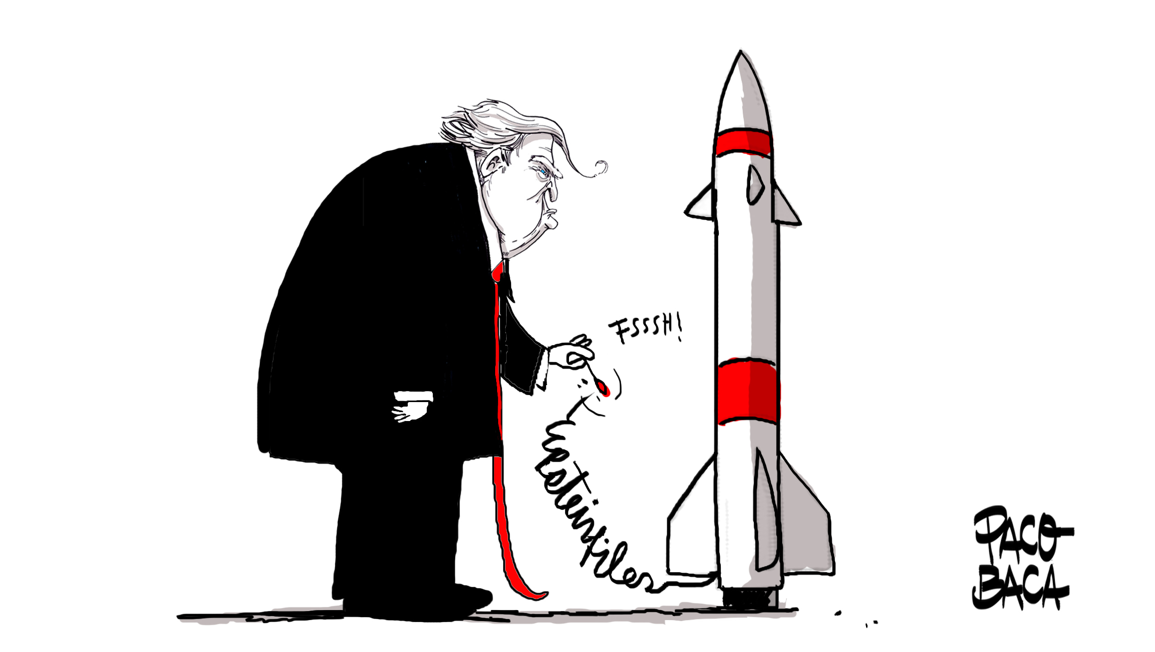 Editorial cartoon by Paco Baca: a president caught in a web of war and scandal, drawn for The Rocket News.