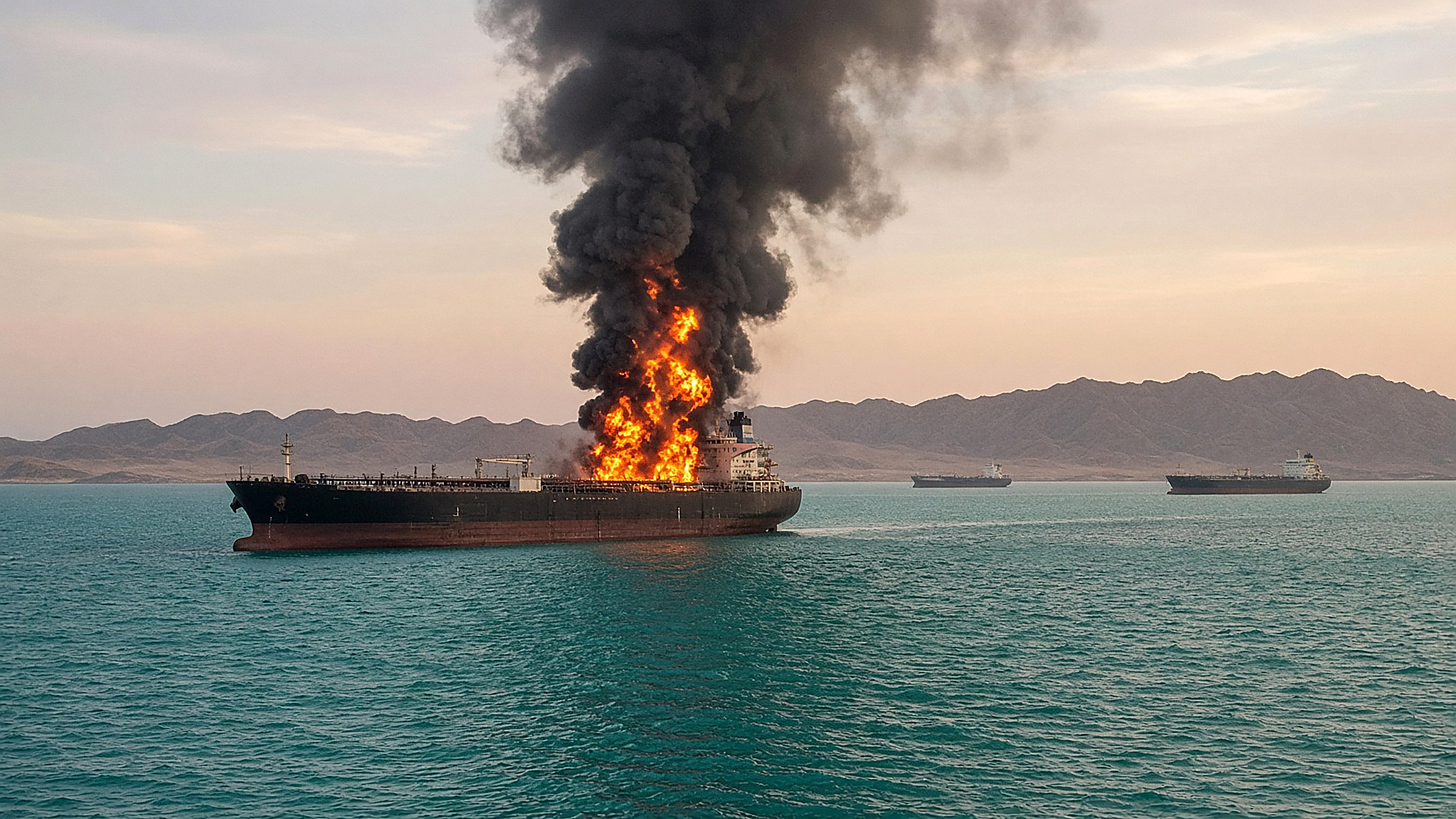 A crude-oil tanker on fire in the Gulf of Oman at dawn, black smoke and orange flame, arid mountains on the far shore. No figures in the frame. News photograph, Wednesday, Sept. 9, 2026.