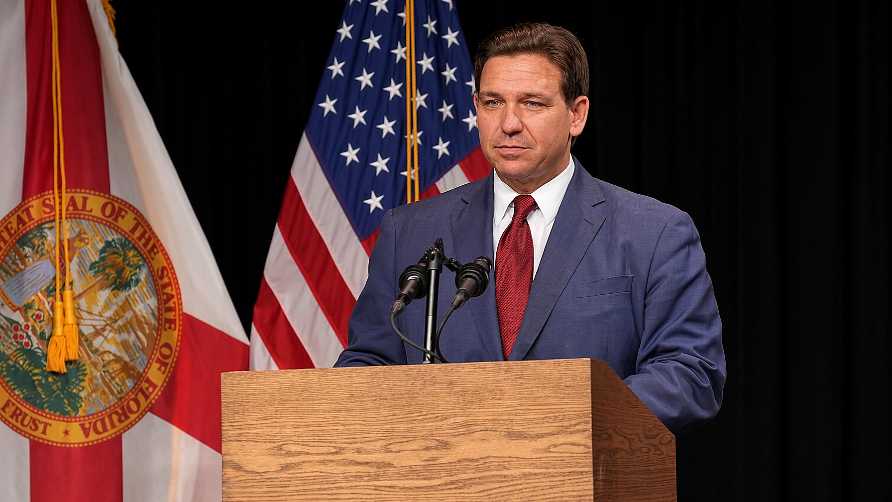 Gov. Ron DeSantis at a wooden podium, full color, Florida flag at his shoulder. Wire photograph.