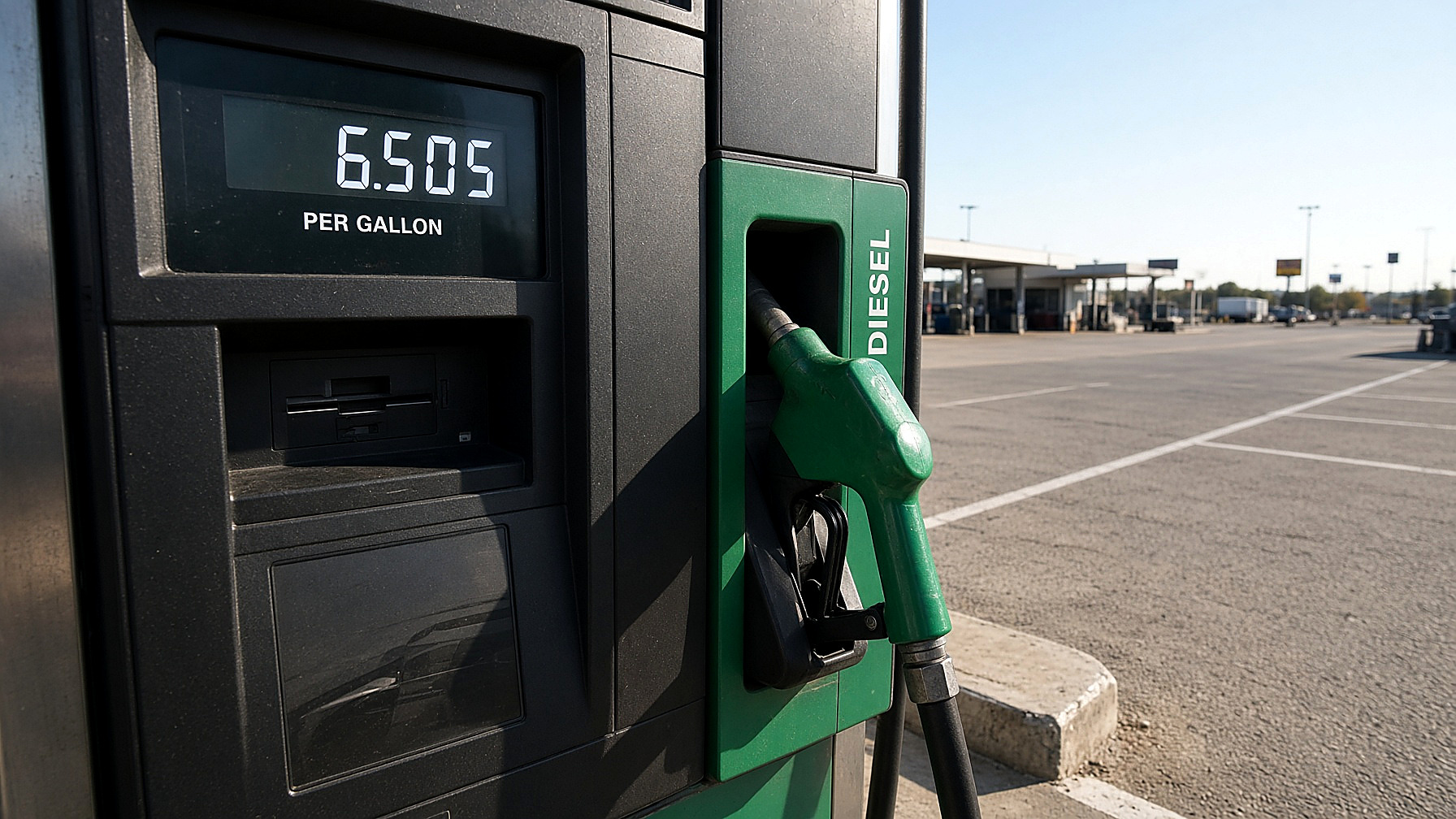 A U.S. diesel pump reading $6.505 a gallon, green nozzle, in color. No figures in the frame.