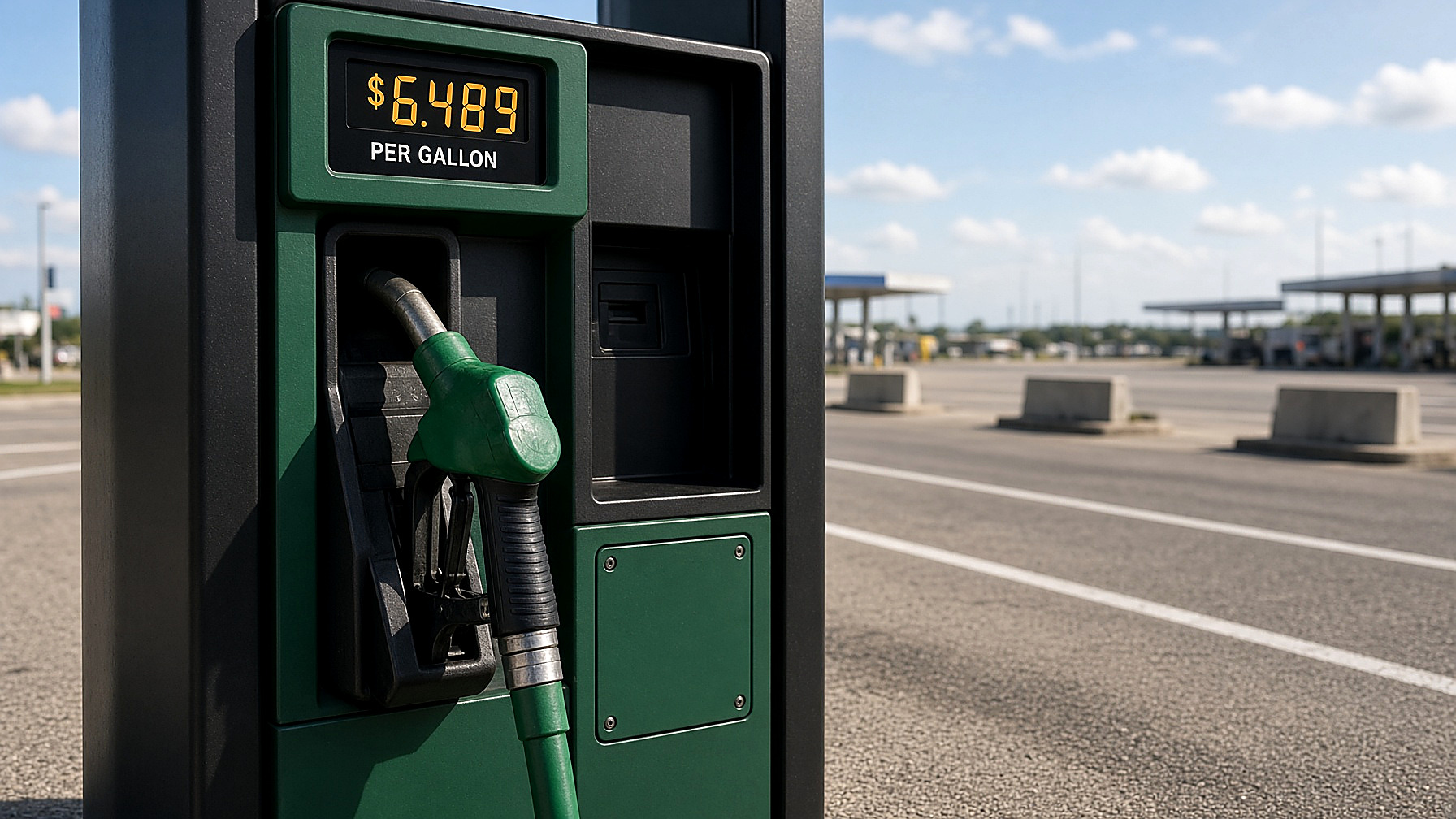 A U.S. diesel pump, green nozzle in the holster, digital price near $6.49, in color. No figures in the frame.