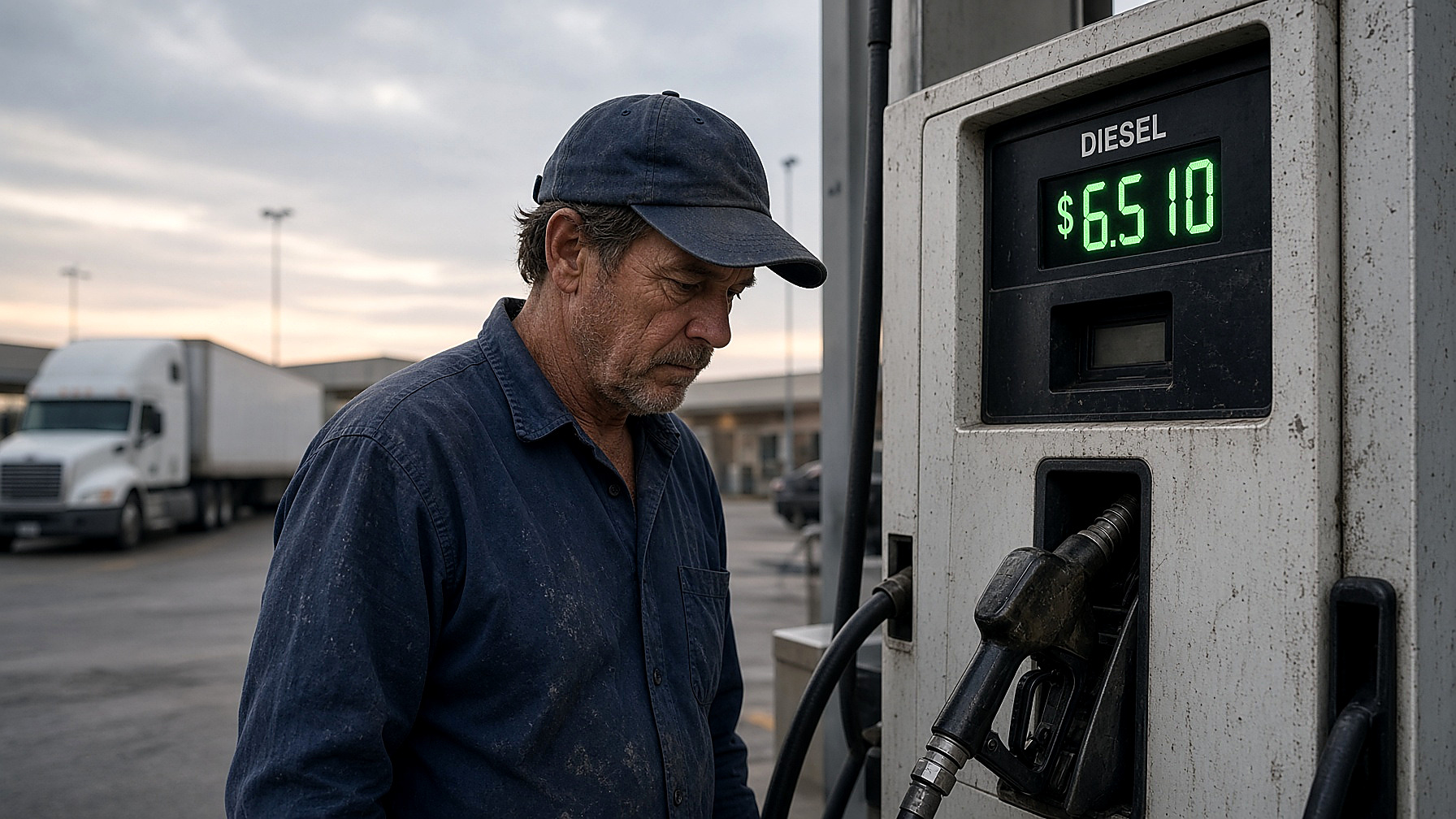 An American truck driver at a diesel pump reading $6.510, dawn, in color. Person plate.