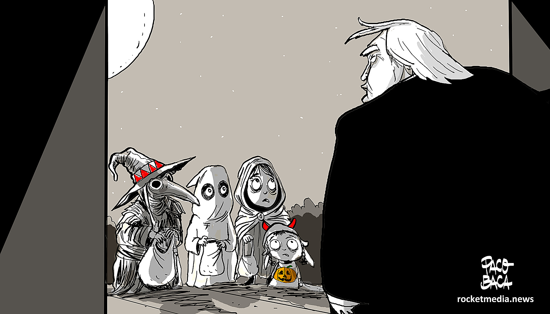 Editorial cartoon by Paco Baca. A figure with swept white hair and a black coat looks down at four children in Halloween costume: a bird-beaked witch, a ghost, a hooded girl, and a small devil holding an orange pumpkin. A moon is at the left. Signed PACO BACA.