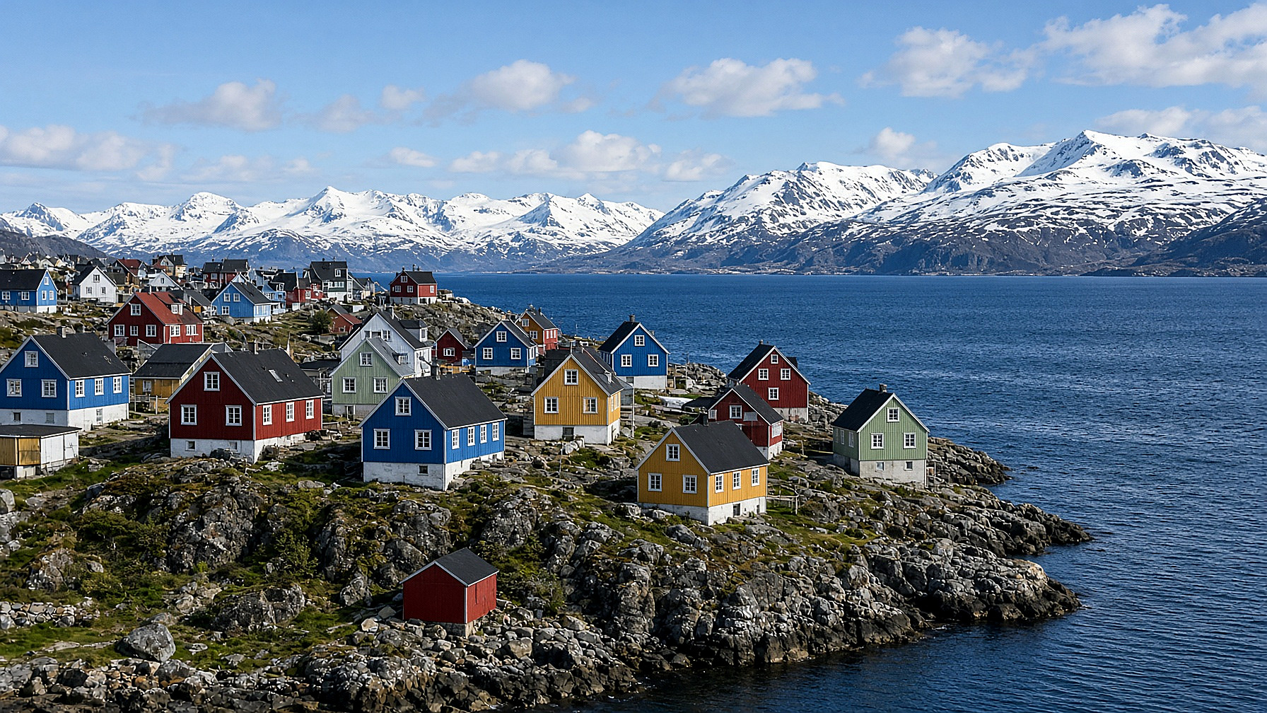 Colorful houses on the Nuuk shore, fjord and mountains in color. No figures in the frame.