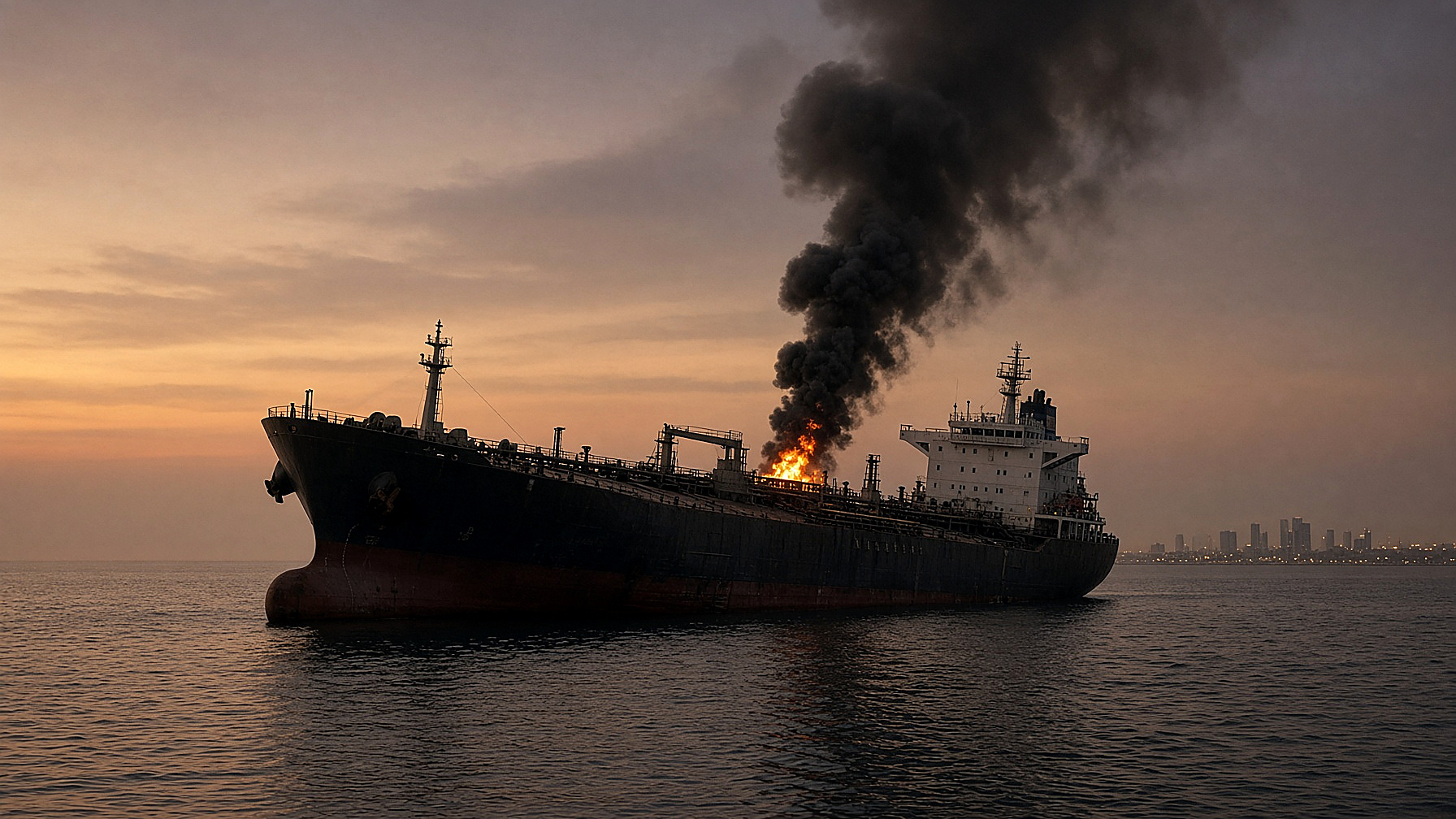 A products tanker listing and on fire at a Persian Gulf anchorage at dusk, black smoke and orange flame, arid mountains on the far shore. No figures in the frame. News photograph, Wednesday, Sept. 9, 2026.