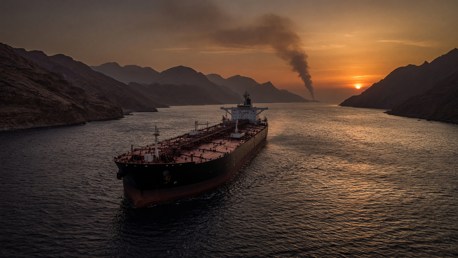 An oil tanker in a narrow dusk strait between arid mountains, a distant column of smoke on the horizon.