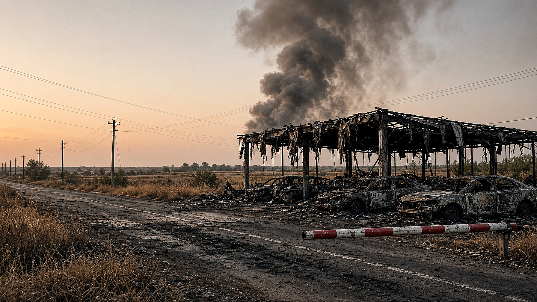 A burned Ukraine–Moldova border checkpoint at dawn: scorched cars, a gutted inspection canopy, a column of smoke, empty lanes. No figures in the frame. News photograph, Wednesday, Sept. 9, 2026.