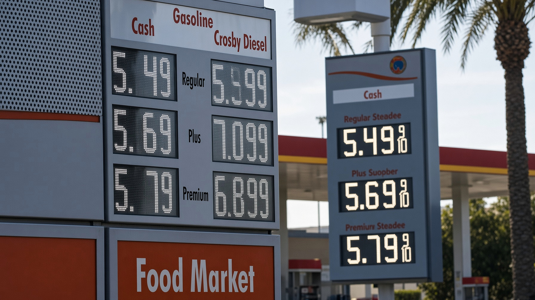 A Labor Day gas-station board: regular $5.49 cash, higher on the card, diesel on the same pylon, palms over the canopy.