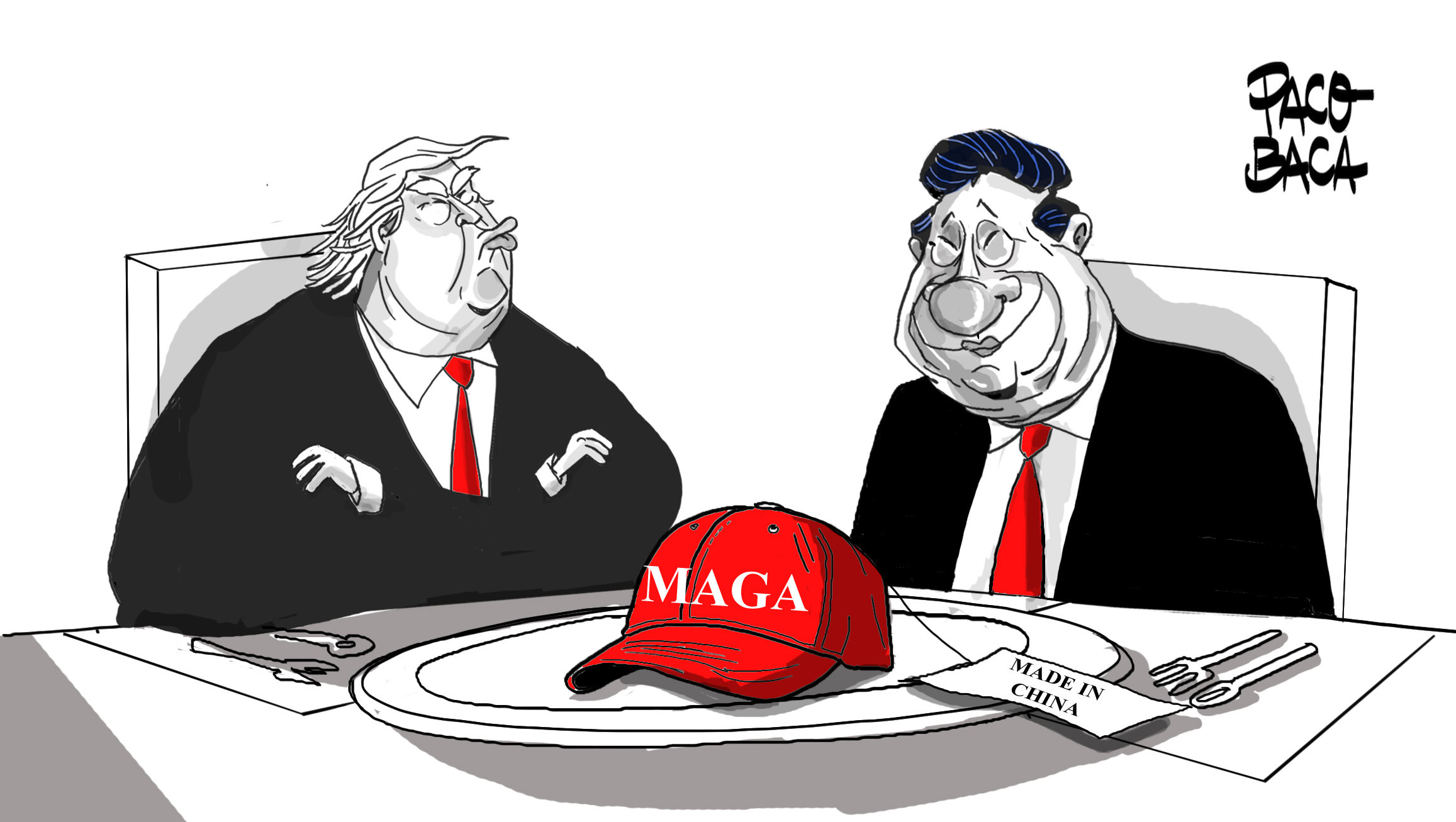 Editorial cartoon by Paco Baca: a marionette in a red cap worked by foreign hands, drawn for The Rocket News.