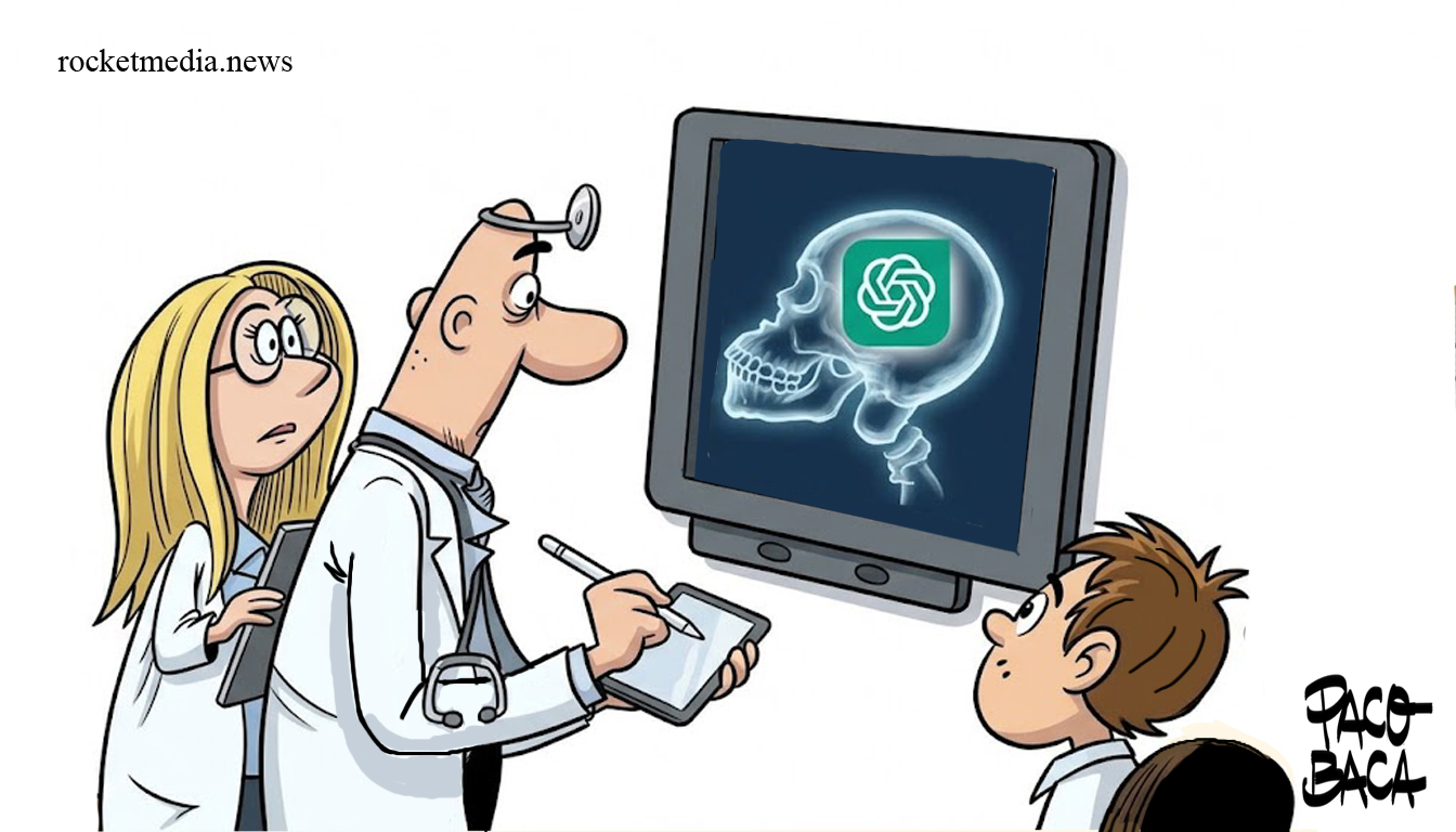 Editorial cartoon by Paco Baca: two doctors, an X-ray of a child’s skull with a ChatGPT mark in the brain, the boy looking up. Signed PACO BACA. rocketmedia.news.