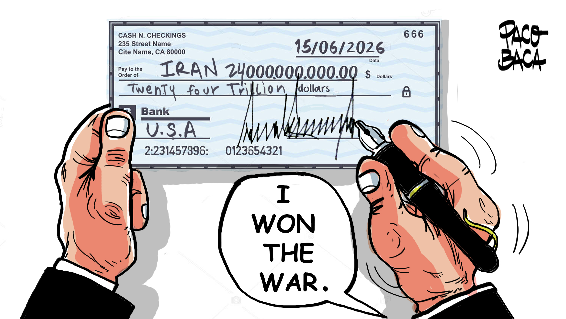 Editorial cartoon by Paco Baca on the Hormuz bargain, drawn for The Rocket News.