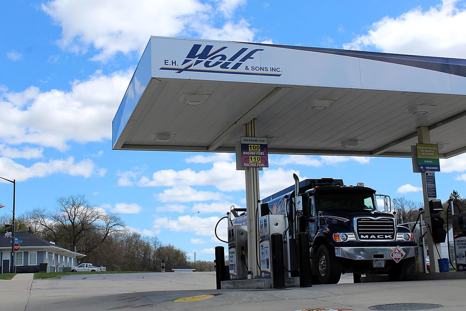A diesel truck sits at the pump as the national diesel average held above six dollars.