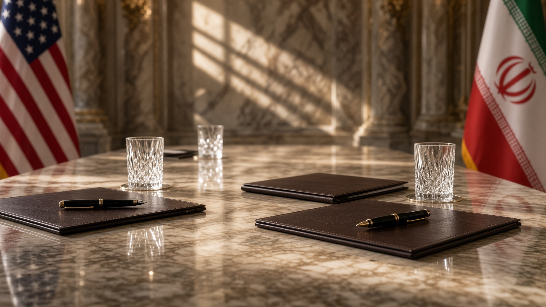 An empty diplomatic table after a signing: blotters, fountain pens, water glasses in a marble hall.