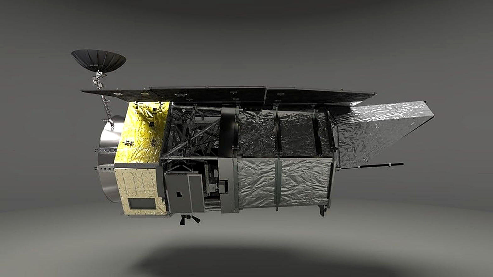 A studio view of NASA’s Nancy Grace Roman Space Telescope, gold bay and solar arrays, in color. No figures in the frame.