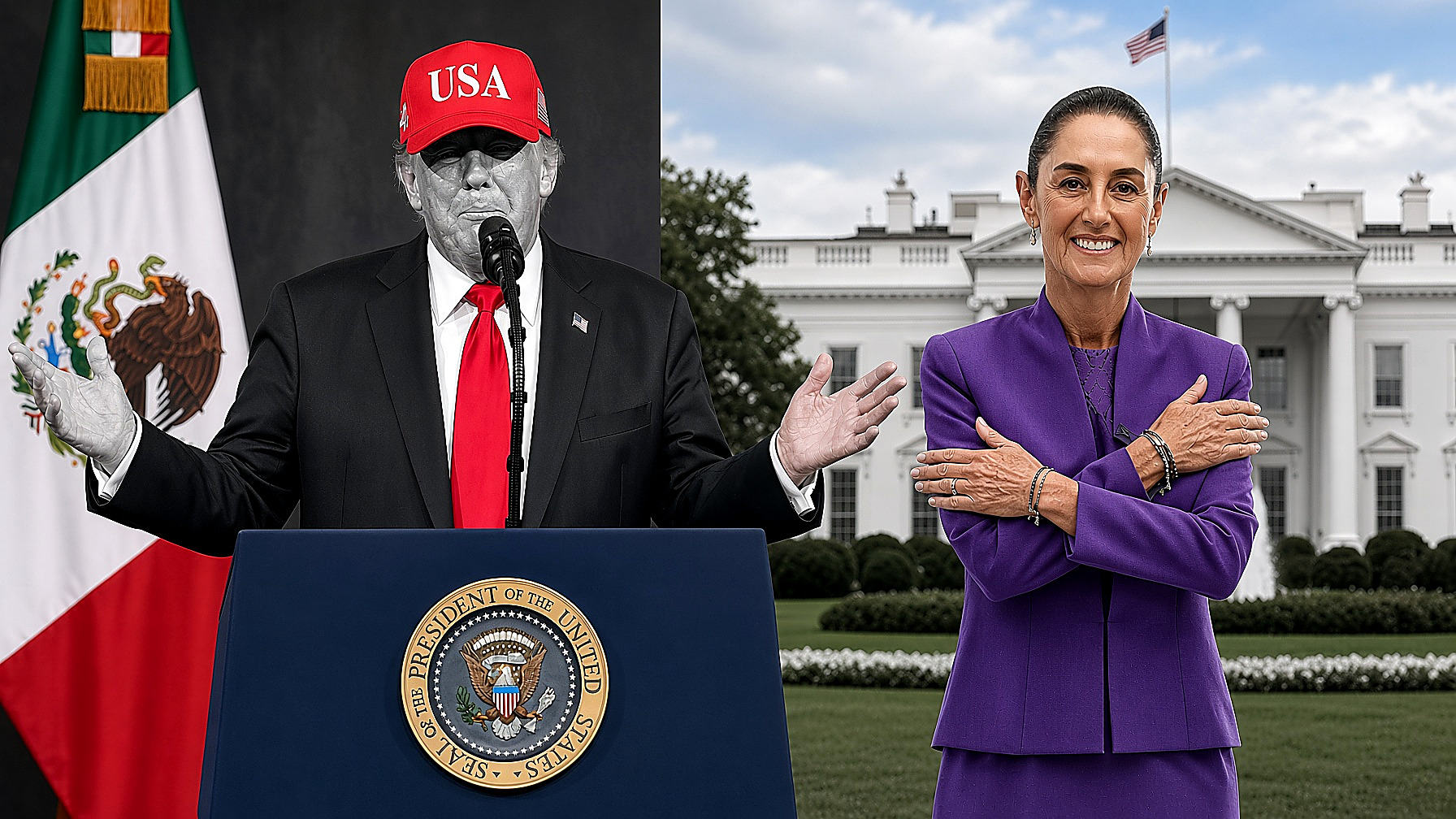 President Trump grayscale with red cap and red necktie; President Sheinbaum in full color; Mexican flag in color. Portada plate, Friday, Sept. 18, 2026.