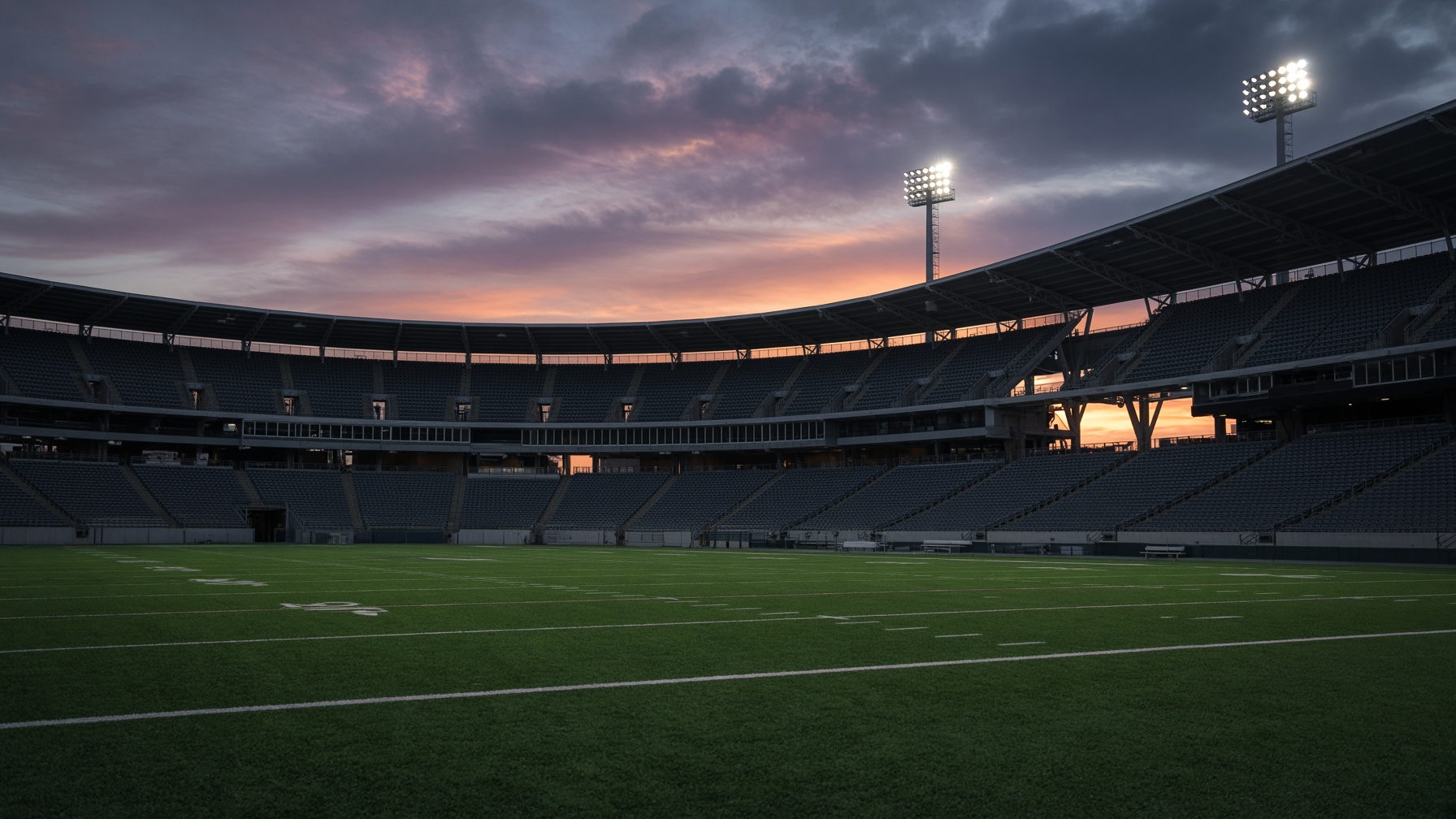 An empty American football stadium at dusk, floodlights coming on over a vacant field.