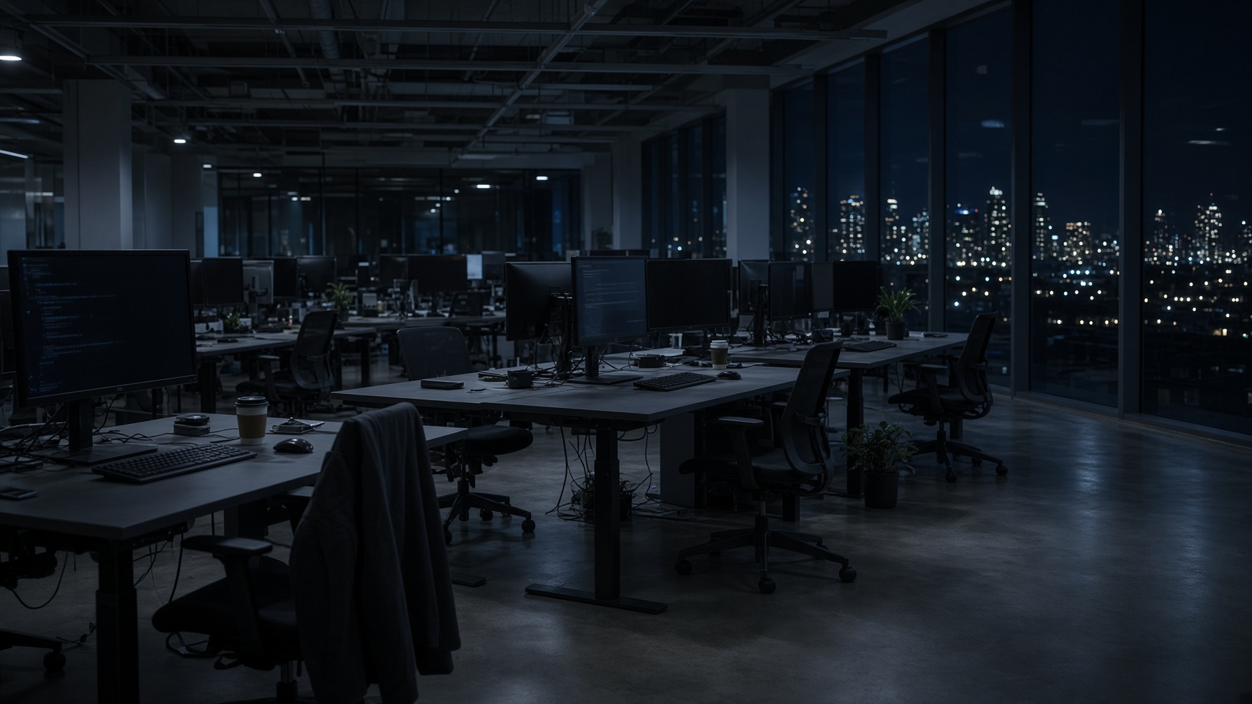 An empty office floor after hours, a few screens still lit in a dark glass building.