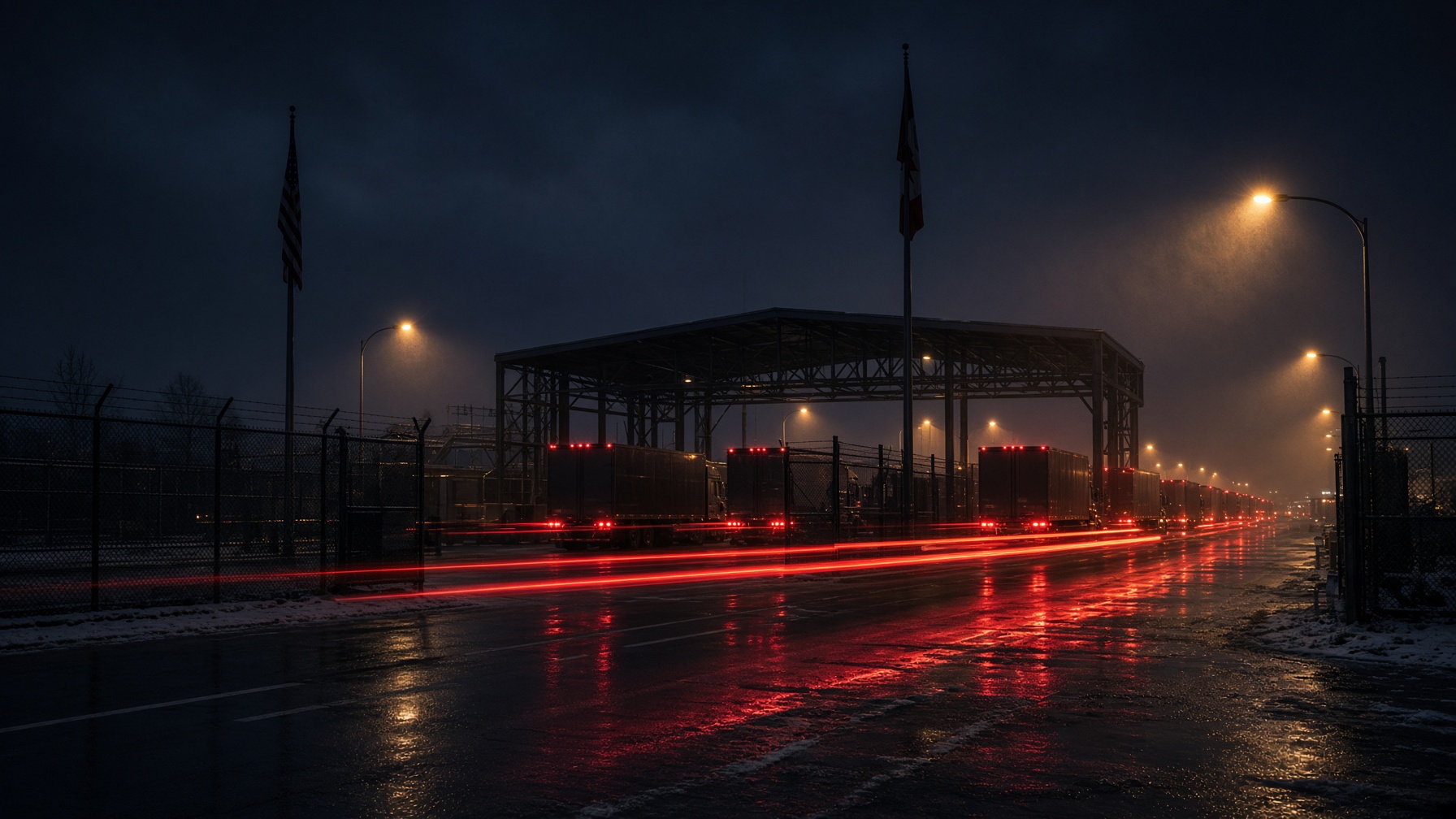 Freight trucks queued at night under the lights of a snowy northern border crossing.