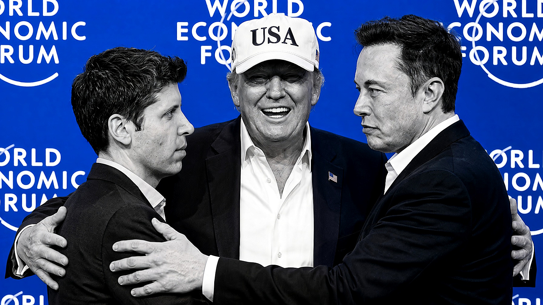 Sam Altman, President Trump and Elon Musk at a World Economic Forum wall: the three figures in high-contrast black and white; the backdrop a bright saturated cobalt, clearly blue. Editor’s plate for the Doonbeg AI note, Sunday, Sept. 13, 2026.