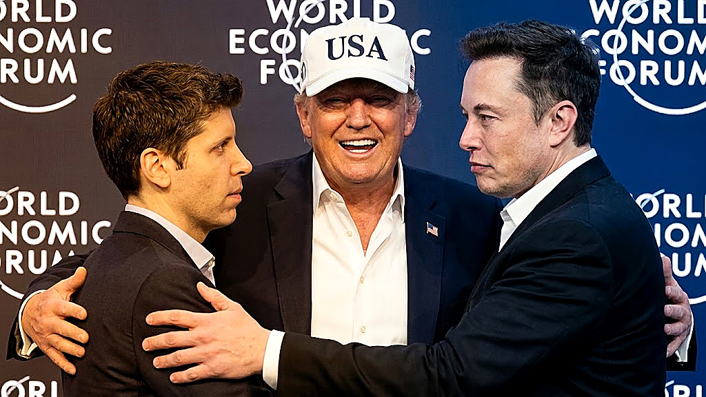 Sam Altman, President Trump and Elon Musk at a World Economic Forum wall, full color. Editor’s plate for the Doonbeg AI note, Sunday, Sept. 13, 2026.