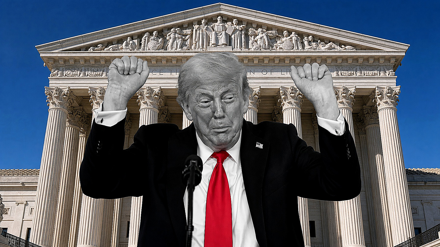 President Trump, fists raised, in black and white; red necktie in color; the Supreme Court marble and blue sky in color. Portada plate, Wednesday, Sept. 16, 2026.