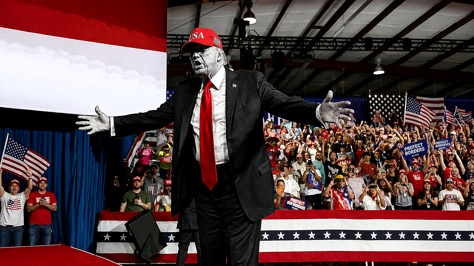 President Trump at the Gastonia rally, arms open: the figure in black and white; red cap and red necktie in color; crowd, flags and hangar in color. Portada plate, Thursday, Sept. 17, 2026.