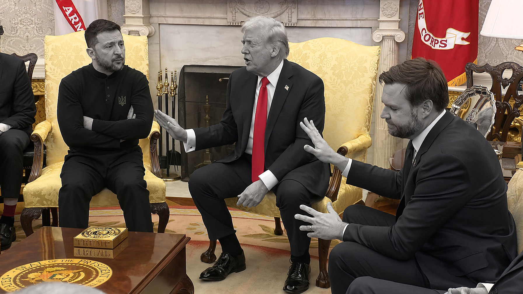 President Trump facing Volodymyr Zelensky in the Oval Office: the figures in black and white; gold chairs, red flags and the fireplace in color. Wire photograph. Portada plate, Monday, Sept. 14, 2026.