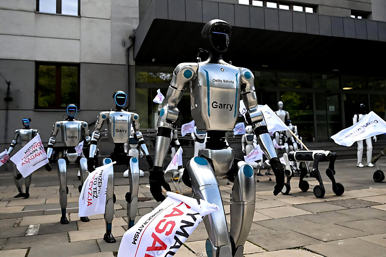 Humanoid robots in Delta Robots livery holding Democratism flags outside a Warsaw ministry. No people in the frame. Photograph, Monday, Sept. 7, 2026.