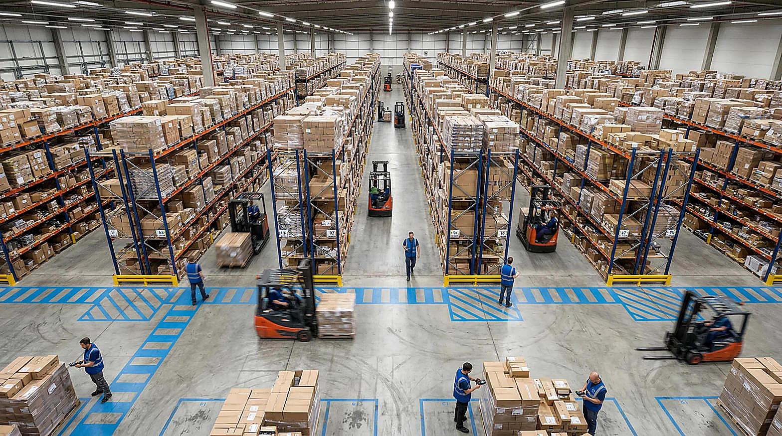 Workers move goods with forklifts in a warehouse as wholesale prices rose 6.3 percent.